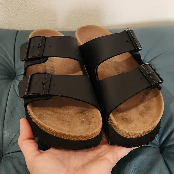 Birkenstock PAPILLlO Platform Black Double Strap Sandals Size 38 7/8 - Picture 3 of 5